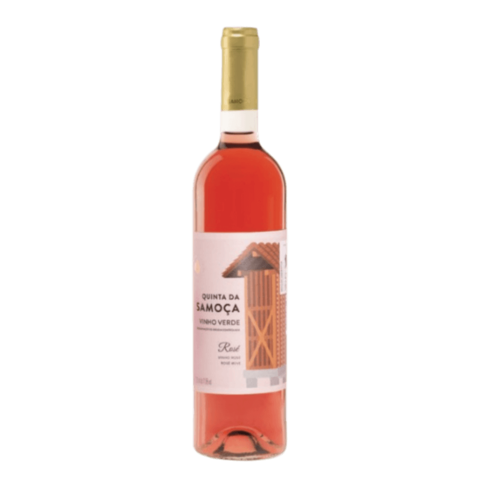 Garrafa de vinho rosé Quinta da Samoça, Vinho Verde DOC, cor rosada vibrante, sub-região de Amarante.